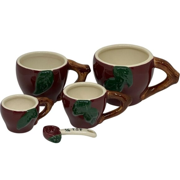VTG 80s Cracker Barrel Apple Ceramic Measuring Cups & Spoons 5pc Kitchen Decor - Picture 1 of 11